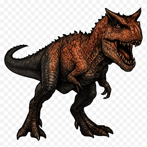 A fierce Carnotaurus dinosaur depicted in a dynamic neutral pose on a transparent background. It has a slender but muscular body covered with rough, textured reddish-brown and dark gray scales. The head is distinctive with two prominent horns above its eyes and a wide mouth showing sharp teeth. Its arms are tiny and tucked close to the body, while powerful legs end in sharp claws. The skin shows bumps and small scars, emphasizing its predatory nature and agility..
In-Game asset.  2d.  High contrast.  No shadows