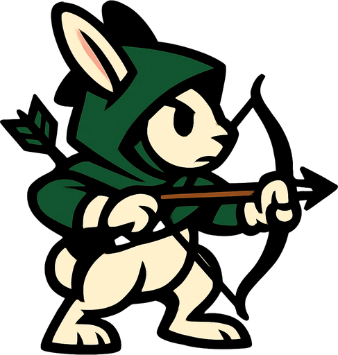 conejo con archo y flecha mirando hacia la derecha y capucha tiene.
In-Game asset.  2d.  High contrast.  No shadows