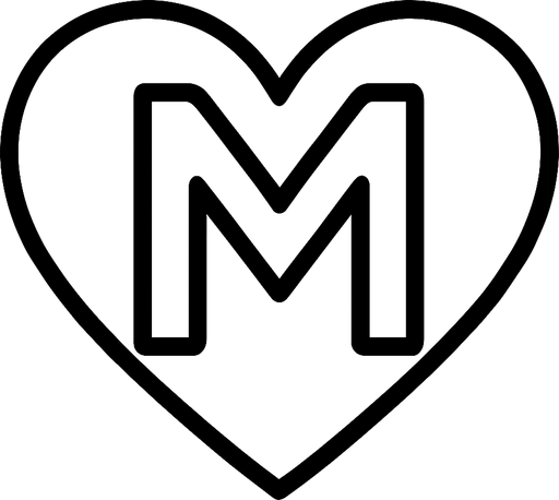 Kalp içinde bir m harfi çiz.sadece sınır çizgileri olsın arkaplan yok

In-Game asset.  2d.  High contrast.  No shadows