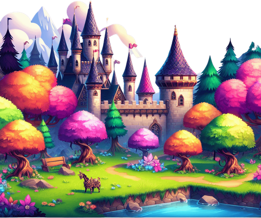 un monde féerique.
Single Game Texture. In-Game asset. 2d. Blank background. High contrast. No shadows.