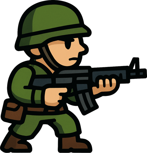 elinde silah olan 2 boyutlu asker.
In-Game asset.  2d.  High contrast.  No shadows
