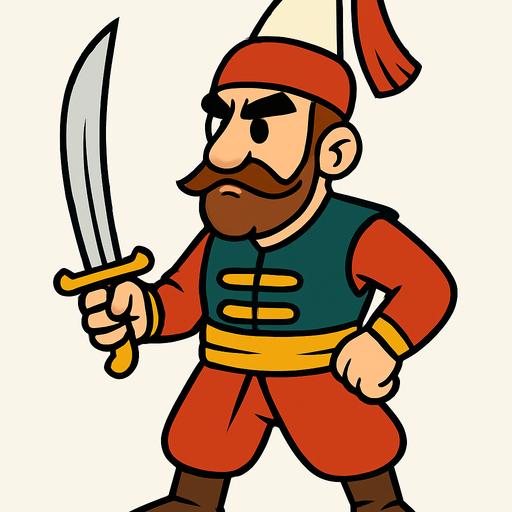 Animasyon çizgi dizi tarzında elinde kılıç olan bir osmanlı yeniçerisi.
In-Game asset.  2d.  High contrast.  No shadows