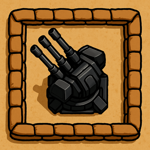 Top view of an Black defense Military tower large Anti air automatic triple barrel cannons, in the desert, the image has a square border outlined by military defense Brown sandbags.
In-Game asset.  2d.  High contrast.  No shadows