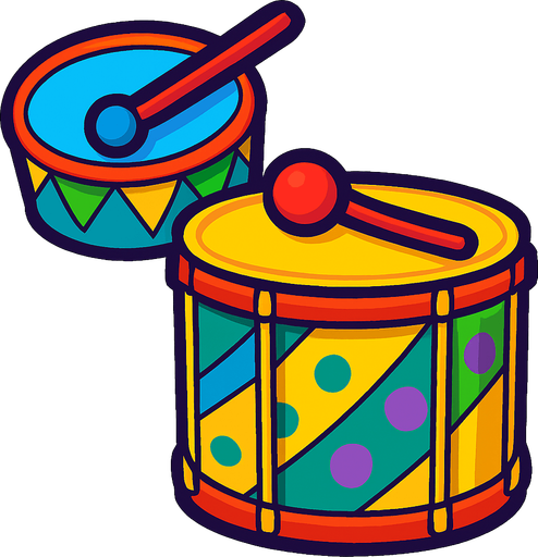 A bright, cartoon-style illustration of Brazilian samba drums including a tamborim and surdo, decorated with carnival colors. Transparent rounded background PNG, optimized for game asset..
In-Game asset.  2d.  High contrast.  No shadows