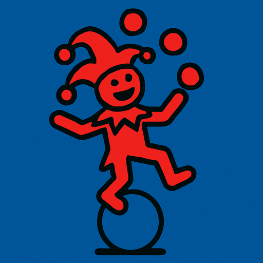 Red stickman that is a jester that is on a blue ball and is juggling.
In-Game asset.  2d.  High contrast.  No shadows