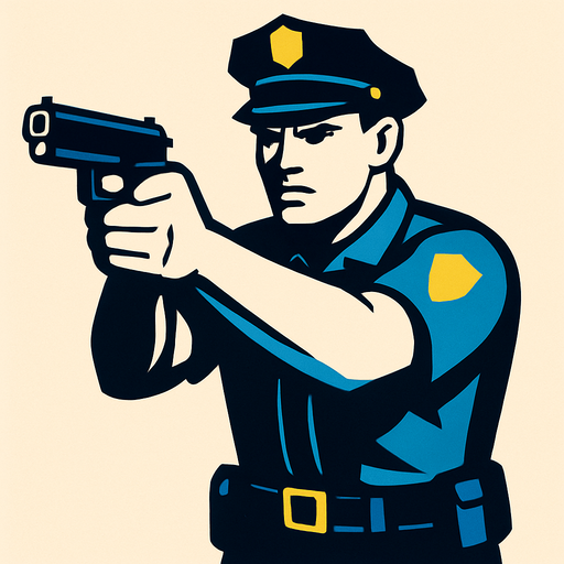 A police officer with a gun in his hand and ready to shoot.
In-Game asset.  2d.  High contrast.  No shadows
