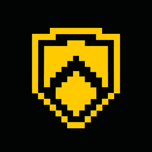 Símbolo de escudo pixelado con pixeles amarillos.
In-Game asset.  2d.  High contrast.  No shadows