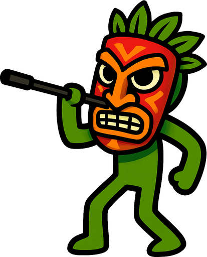 Green stickman with a tribal mask and a stick to shoot darts.
In-Game asset.  2d.  High contrast.  No shadows