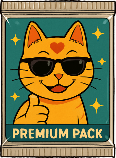 The orange cat from this picture looking straight forwards and smiling, holding out a thumbs up and looking over a pair of sunglasses on the front of a booster pack of collectible cards in plastic and seen from the front. The words “Premium Pack” on the pack underneath the picture. The plastic on the pack has a stars on it.