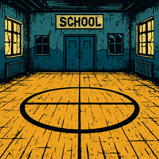 Make a centercircle in an abandoned school.
In-Game asset.  2d.  High contrast.  No shadows
