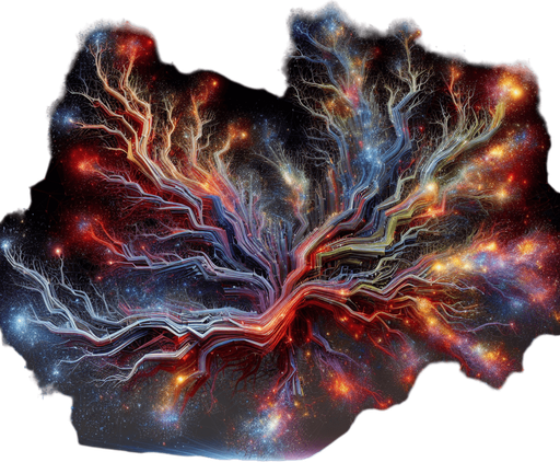 A branching pattern like lightning or cracks, but made of chaotic, multi-colored energy. Could also be a visual of one chaotic explosion triggering others nearby..
Single Game Texture.  In-Game asset.  2d.  Blank background.  High contrast.  No shadows