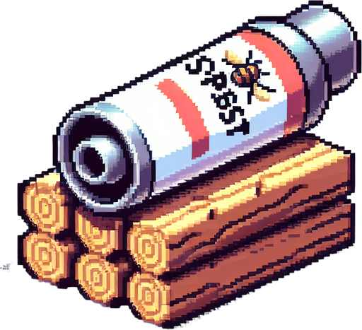 Genera un tipo de aerosol contra insectos que este acostado sobre dos pedazos de madera, como si fuese un cañon, tomalo de perfil mirando a la deracha y hazlo en pixel art.
Single Game Texture.  In-Game asset.  2d.  Blank background.  High contrast.  No shadows
