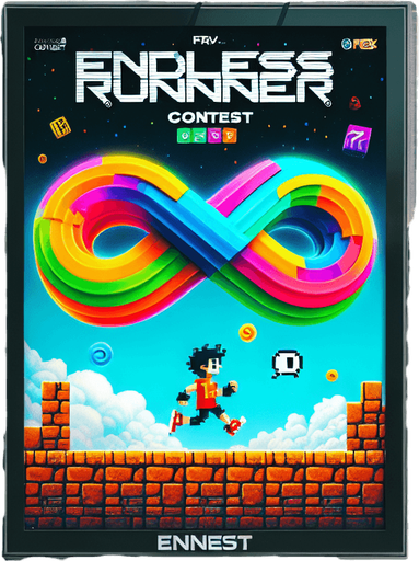 street ad billboard with the FRVR logo (multi-color infinte sign with right loop bigger than the left one) about the "Endless Runner Contest".
high definition video game sprite