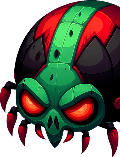 a cartoon bug. evil looking. dark green and red color..
Single Game Texture. In-Game asset. 2d. Blank background. High contrast. No shadows.