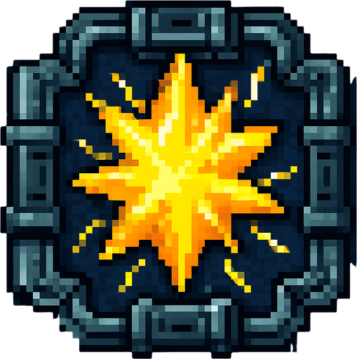 top down pixel art, energy crystal, yellow, spiky, charged, held on all sides by sci fi metal clamps
In-Game asset.  2d.  High contrast.  No shadows