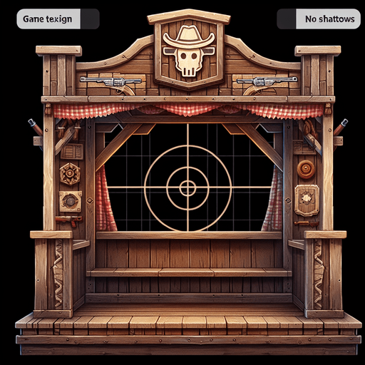 front facing western shooting gallery wooden frame.
Single Game Texture. In-Game asset. 2d. Blank background. High contrast. No shadows.