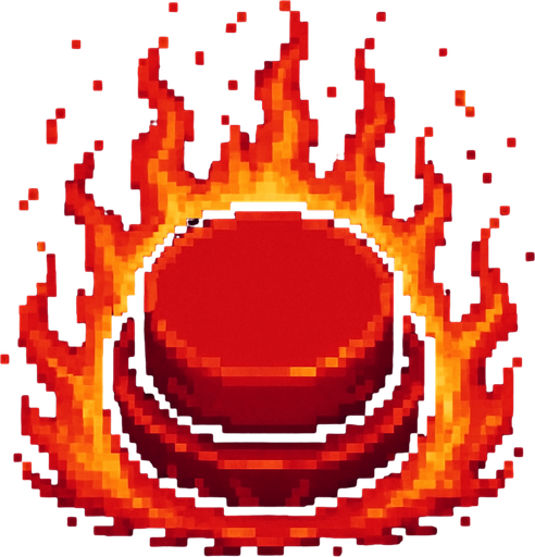 700x700(total size) black red button (like hell fire around and into button) (cute pixel art). no writing
No shadows