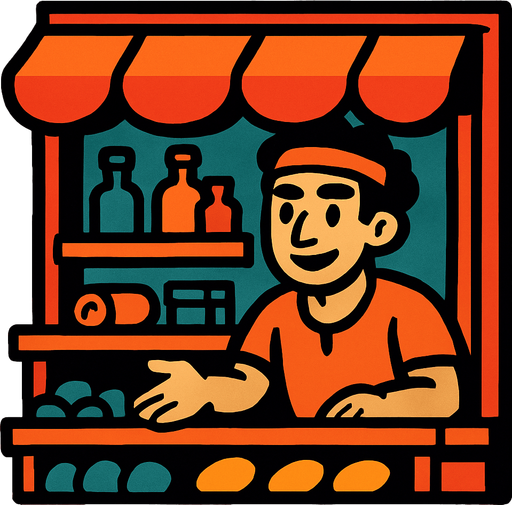 A shop with a guy selling stuff in the shells.
In-Game asset.  High contrast.  No shadows