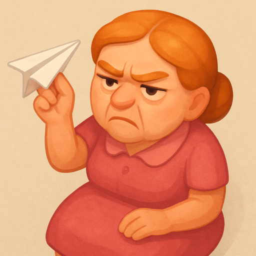 A lady ready to throw a paper plane. She has a pink dress and orange hair. She looks like she has been working in an office for 40 years. Make her look annoyed. Cute soft graphics. soft ambient light. semi-matte to satin surfaces. naturalistic with slight saturation boost colors. 
In-Game asset.  2d.  High contrast.  No shadows. top down. View from above.