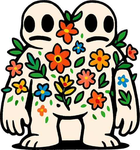 montruo blanco de ojos negros con dos cabezas con flora en el cuerpo.
In-Game asset.  2d.  High contrast.  No shadows