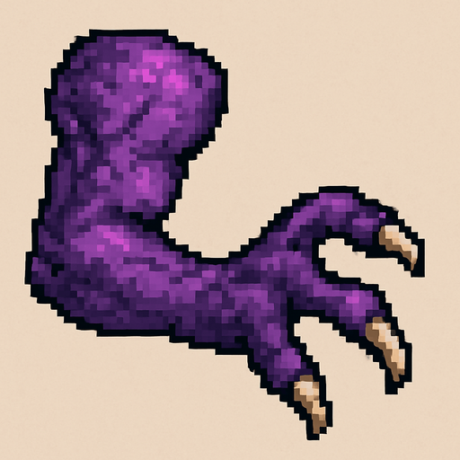 2d pixel art high quality purple monster arm with 3 finger hand.
In-Game asset.  2d.  High contrast.  No shadows