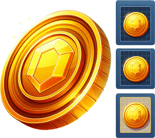 Монетка золотая мультяшная.
Single Game Texture.  In-Game asset.  2d.  Blank background.  High contrast.  No shadows