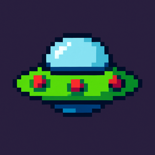 UFO 2d pixel art.
In-Game asset.  2d.  High contrast.  No shadows
