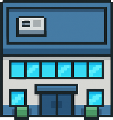 Commercial building 2d pixilated topdown.
In-Game asset.  2d.  High contrast.  No shadows