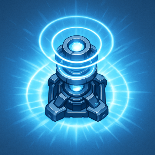 top-down view, futuristic support beacon tower, energy rings, radiant aura effect, soft blue and white glow, advanced tech support node.
In-Game asset.  2d.  High contrast.  No shadows