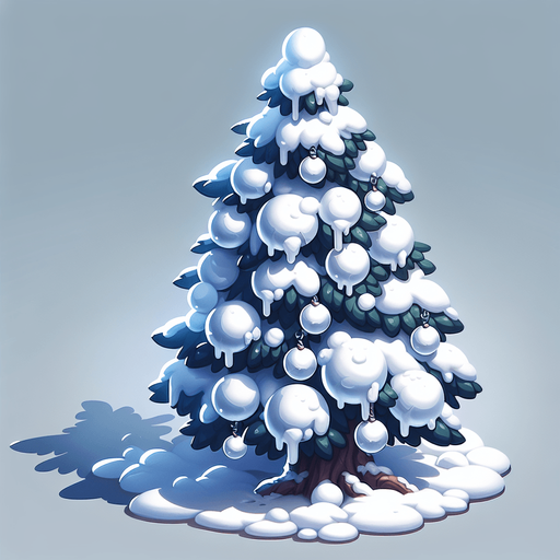 A snowcovered christmas tree decorated with snowballs..
Single Game Texture. In-Game asset. 2d. Blank background. High contrast. No shadows.