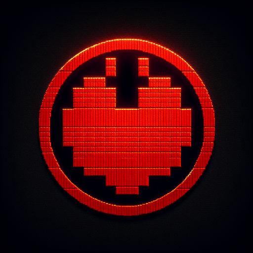 red pixel circle with black background and hearth on middle.
Single Game Texture. In-Game asset. 2d. Blank background. High contrast. No shadows.