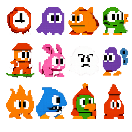 A spritesheet of enemies from the retro arcade pixel game Bubble Bobble.
In-Game asset.  2d.  High contrast.  No shadows