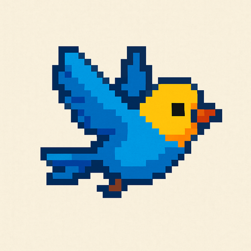 pxel art sarı kafalı mavi uçar pozisyonda bir kuş.
Single Game Texture. In-Game asset. 2d. Blank background. High contrast. No shadows.