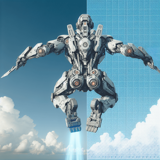super robot facing upward and his back on screen flying.
Single Game Texture. In-Game asset. 2d. Blank background. High contrast. No shadows.