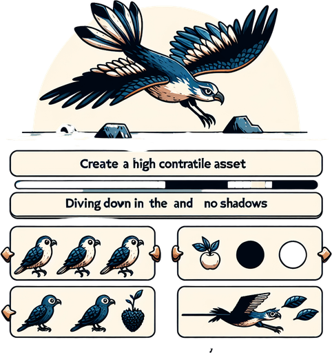 it could imagine flying high in the sky, touching the sea, catching fish, eating fruit, and flying with a flock..
Single Game Texture. In-Game asset. 2d. Blank background. High contrast. No shadows.