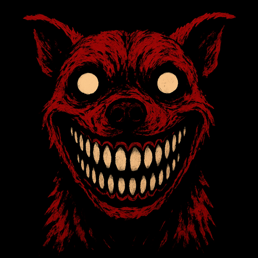 The image displays a highly disturbing and unsettling close-up of what appears to be a dog's head, heavily distorted and manipulated to create a horrific effect. The most striking feature is the dog's mouth, stretched into an impossibly wide and menacing grin that reveals numerous sharp, human-like teeth. Its eyes are wide open, round, and blank white or glowing, contributing to an overall vacant and soulless stare. The fur around its face and head is colored in aggressive shades of red and dark brown, giving it a bloodied or demonic appearance. The overall impression is that of a creature from a horror story, designed to evoke fear and discomfort. The background is completely black, isolating the terrifying subject and intensifying its impact..
In-Game asset.  2d.  High contrast.  No shadows