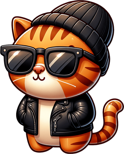 The character in the image is a cartoon-style, orange tabby cat with noticeable stripes. It has a round face, adorned with a pair of oversized, black wayfarer sunglasses, and atop its head sits a cool black beanie hat. The cat's body is smaller in comparison to its head, emphasizing its cute, chubby appearance. It's clad in a cool black leather jacket, adding an edge to its look. Positioned with its paws visible in front, the cat showcases a relaxed posture. The overall style is playful and whimsical, making it an ideal choice for a casual mascot or a character in a children's book..
Single Game Texture. In-Game asset. 2d. Blank background. High contrast. No shadows.