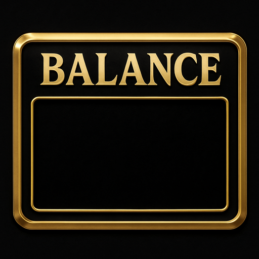 Crea un asset visual para un panel de visualización del 'BALANCE' del jugador, con la palabra 'BALANCE' ubicada en la parte superior.

Objetivo: Un espacio claro, elegante y prominente para mostrar el saldo monetario, coherente con la estética de lujo del casino 'La Tentación Dorada', con la etiqueta 'BALANCE' en la parte superior para facilitar su identificación.

Diseño:

Forma: Un panel rectangular horizontal, con bordes suavemente redondeados o un diseño elegante.

Material/Textura: Acabado metálico pulido (dorado, plateado) o un fondo de terciopelo oscuro (negro, rojo vino, azul noche).

Texto Fijo (Arriba): La palabra 'BALANCE' (o 'SALDO') debe ubicarse en la parte superior del panel, centrada o alineada a la izquierda/derecha según el diseño. Utiliza una tipografía limpia, legible y de estilo casino, en un tamaño adecuado para ser una etiqueta.

Espacio para el Valor (Abajo): Debe haber un espacio claro y destacado debajo de la palabra 'BALANCE' para que el valor numérico del sa.
In-Game asset.  2d.  High contrast.  No shadows