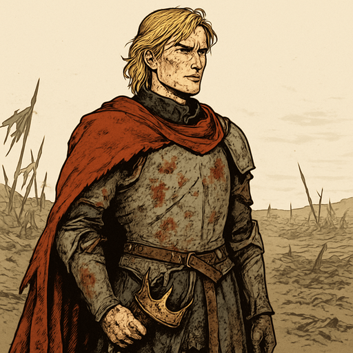 A young prince in a tattered royal cloak, wearing armor half-covered in mud and blood. Male, 31 years old, tall and proud despite exile, with golden blond hair to his shoulders, piercing blue eyes, and fair skin hardened by years of hardship. A broken crown hangs from his belt. He stares out over a ruined battlefield with determination. Realistic, highly detailed, noble tragic style. realistic.
In-Game asset.  2d.  High contrast.  No shadows