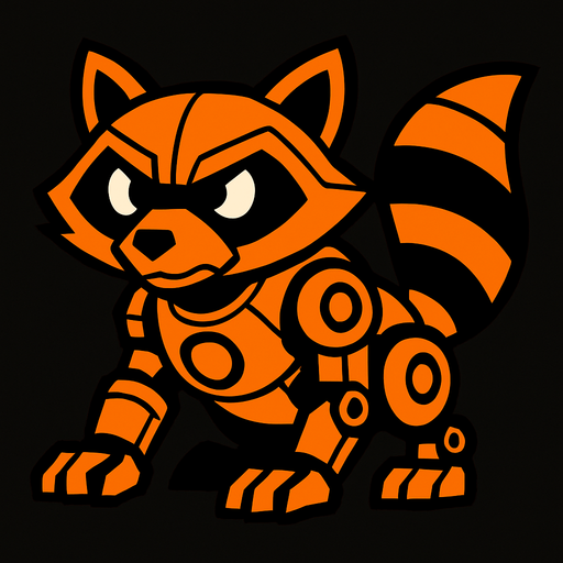 Mapache robot naranja.
In-Game asset.  2d.  High contrast.  No shadows