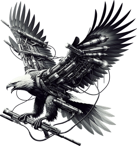 Eagles flying with laser guns..
Single Game Texture.  In-Game asset.  2d.  Blank background.  High contrast.  No shadows
