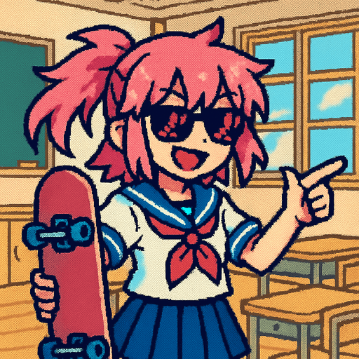 She’s a cute anime girl with a free-spirited and rebellious vibe. Her hair is pink, and she’s wearing a traditional Japanese school uniform (sailor fuku). She sports dark sunglasses and holds a skateboard in one hand while pointing with the other. Her face lights up with a big smile and mischievous pink eyes that match her hair. In the background, there's a Japanese classroom, and the entire artwork is done in Pixel Art style..
In-Game asset.  2d.  High contrast.  No shadows