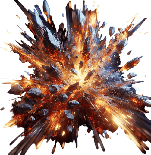 Rocks explosion, lights, sharp pieces, blur, HD images, fire..
Single Game Texture. In-Game asset. 2d. Blank background. High contrast. No shadows.