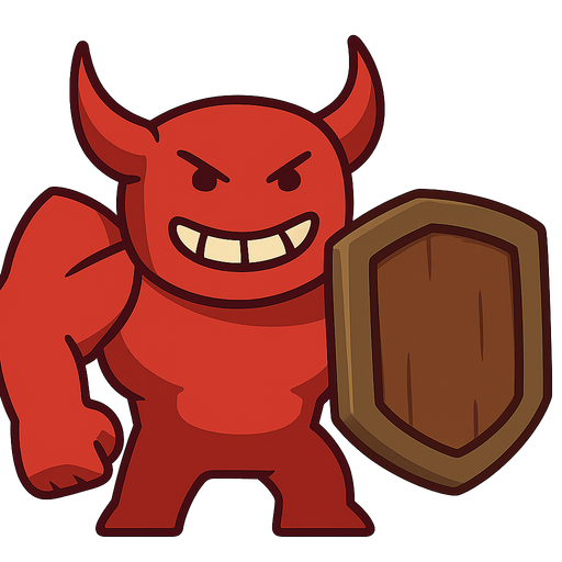  angry devil golem holding a big shield on right hand. No background. Transparent background. Blank background. No shadows. 2d. In-Game asset. flat