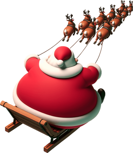 Santa on sleigh pulled by reindeer blank background no shadows flying forward away straight top down Single Game Texture. In-Game asset. 2d. Blank background. High contrast. No shadows.