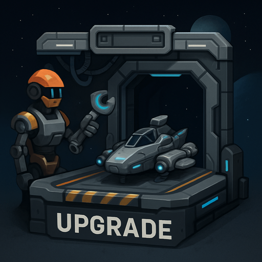 Uzay temalı Gemi Geliştirme, Tamirci İstasyonu, gerçekçi, Altında "Upgrade" yazsın.
In-Game asset.  High contrast.  No shadows