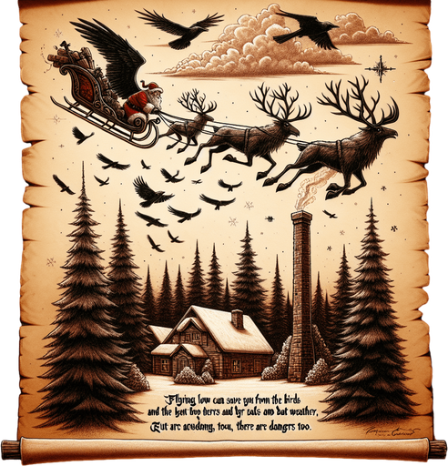 a pergament with a flying santa on his sledge hiding for ravens and storms. In front of him is a chimney. There is the text: "Flying low can save you from the birds and bad weather, but there are dangers too"
