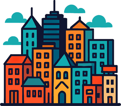 şehir resmi binalar.
In-Game asset.  2d.  High contrast.  No shadows