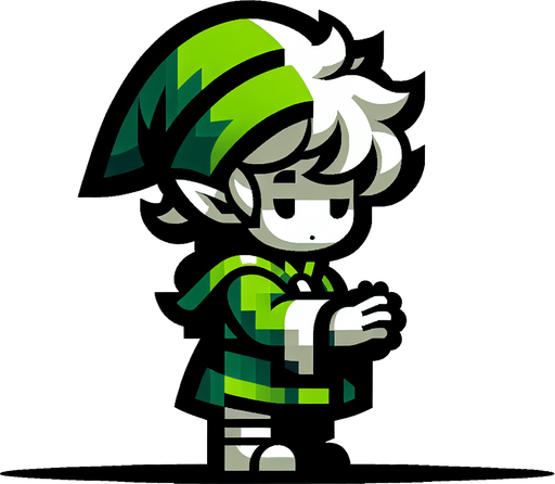 Profil view of a cute little elf with a green hat, standing with his hands in front of him.no background . no floor. In-Game asset. 2d. Blank background. High contrast. No shadows.
