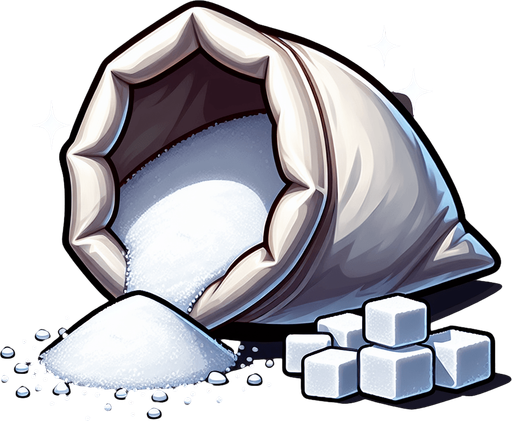 A bag of white sugar, open and with a pile of the sugar in front of it..
Single Game Texture. In-Game asset. 2d. Blank background. High contrast. No shadows.